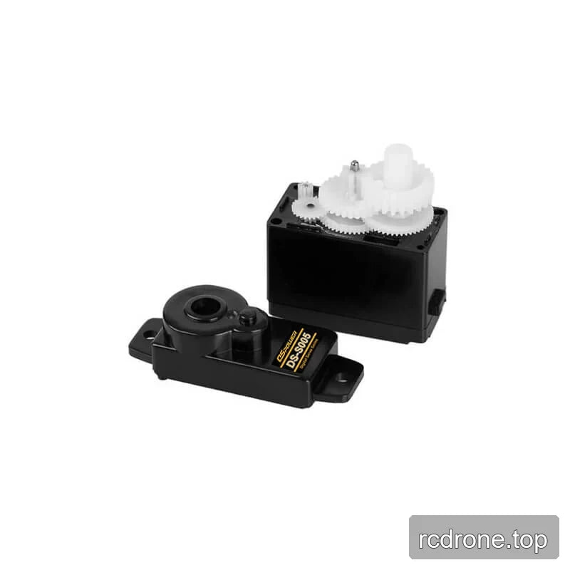 Disassembled DS-S005 servo motor showing white internal gears beside the opened housing