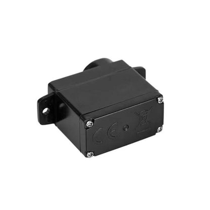 Black DS-S005 servo motor viewed from the rear, showing four screws and molded compliance markings