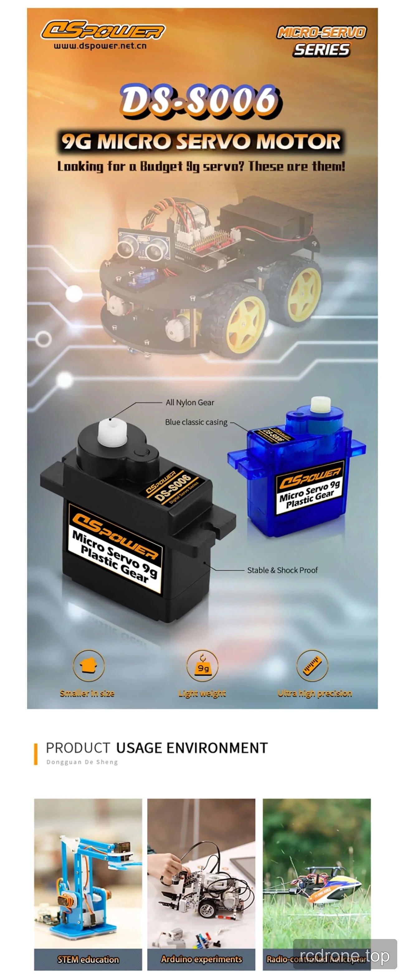 DSpower DS-S006 9 g micro servo with black and blue plastic gear housings — section 1 of 4