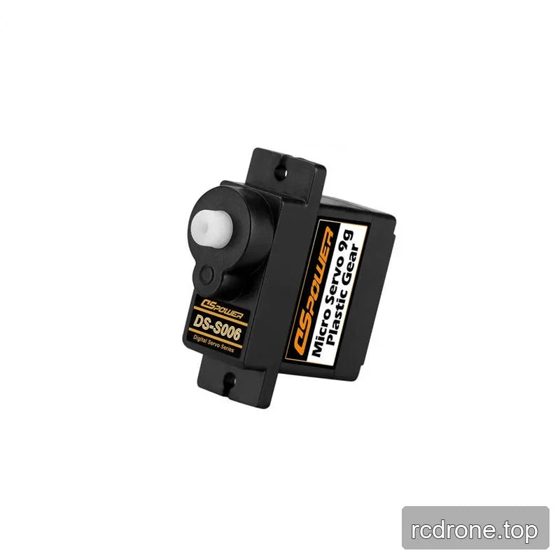 Black DSpower DS-S006 micro servo in a tilted side view showing the white output shaft, mounting tabs, and label.