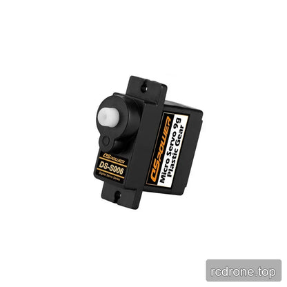 Black DSpower DS-S006 micro servo in a tilted side view showing the white output shaft, mounting tabs, and label.