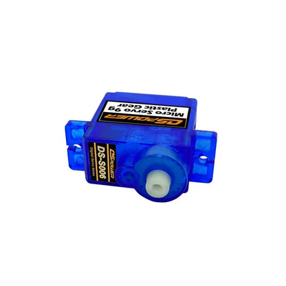 Transparent blue DSpower DS-S006 micro servo viewed from the output-shaft end, with mounting tabs on both sides.