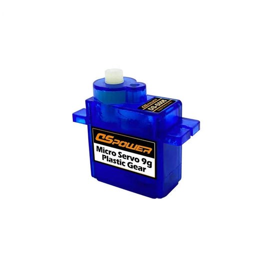 Transparent blue DSpower DS-S006 micro servo with white output shaft and visible Micro Servo 9g Plastic Gear label.