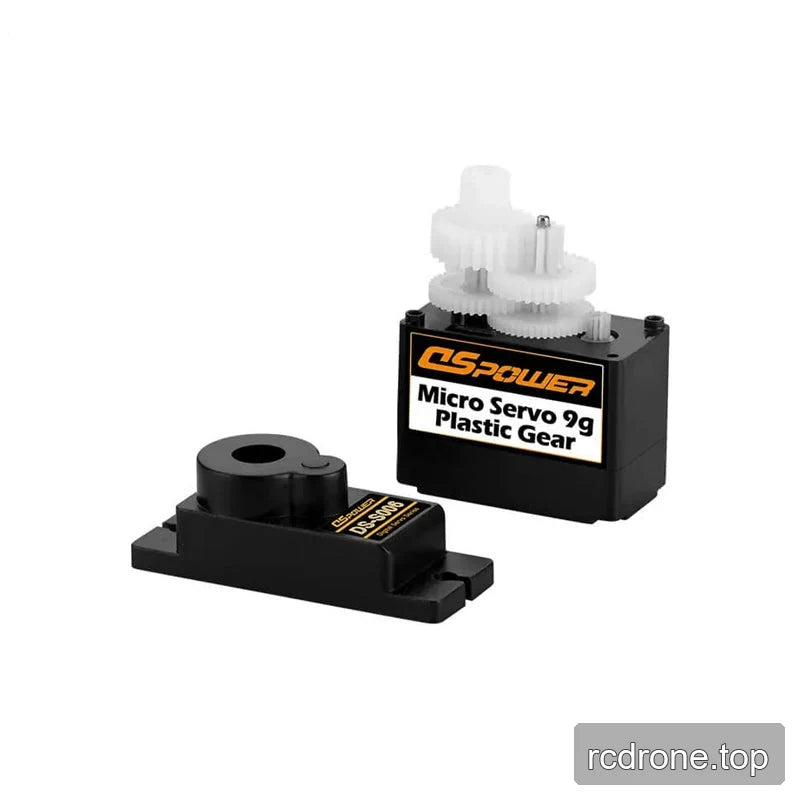 Black DSpower DS-S006 micro servo shown opened with white plastic gear train exposed beside its removed top cover.