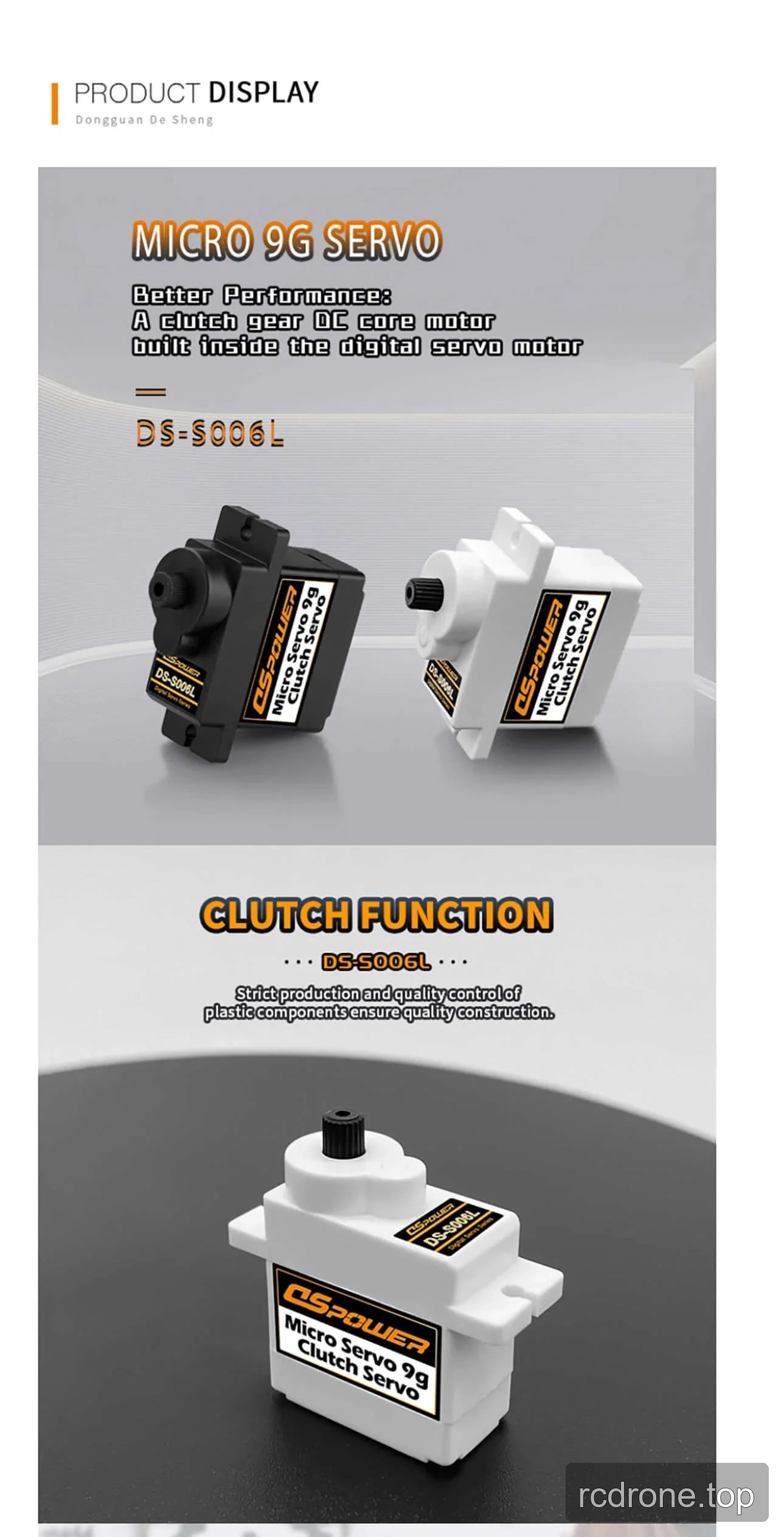 DSpower DS-S006L 9 g sub-micro servo with clutch protection feature callouts — section 2 of 4
