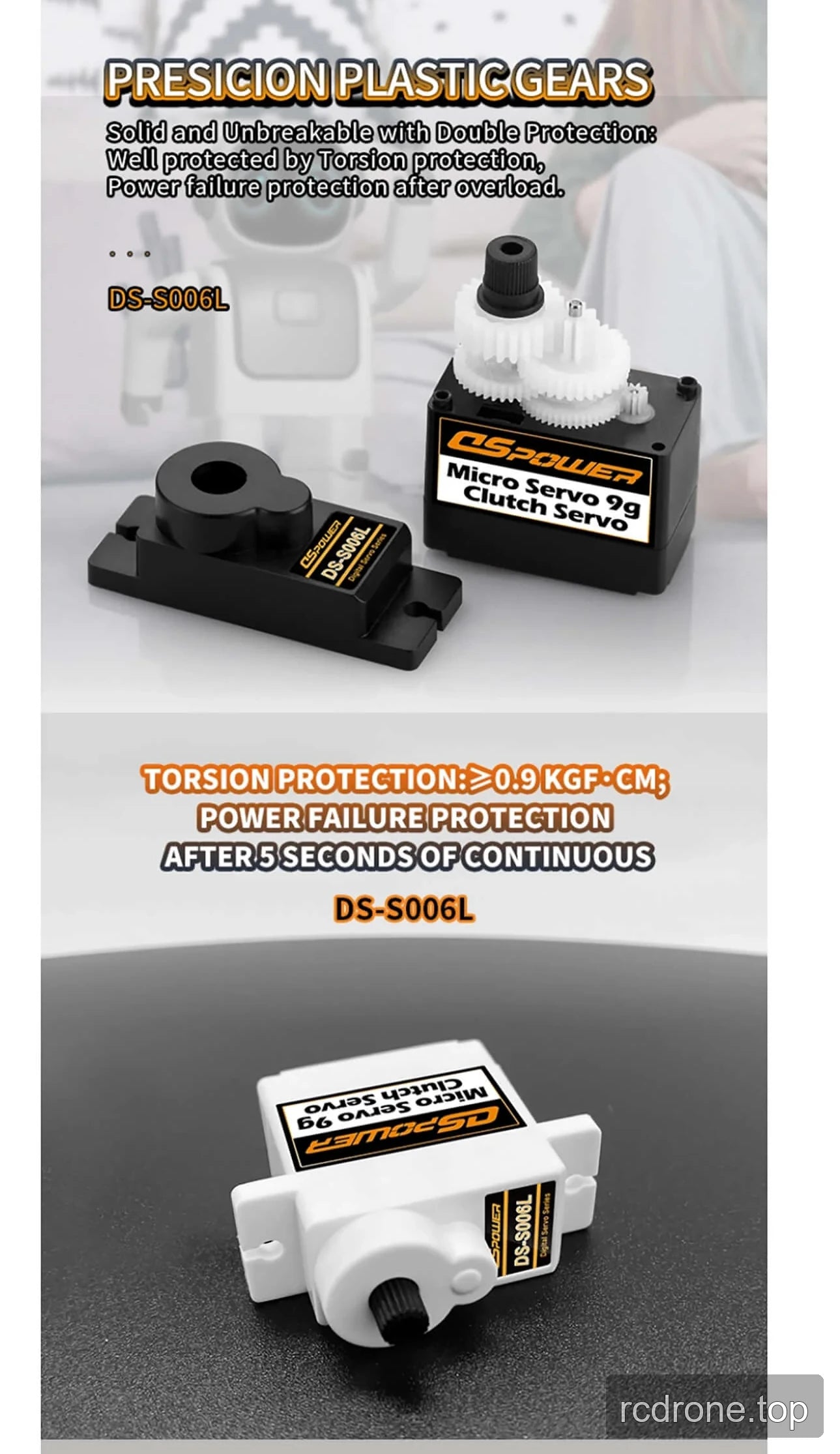 DSpower DS-S006L 9 g sub-micro servo with clutch protection feature callouts — section 3 of 4
