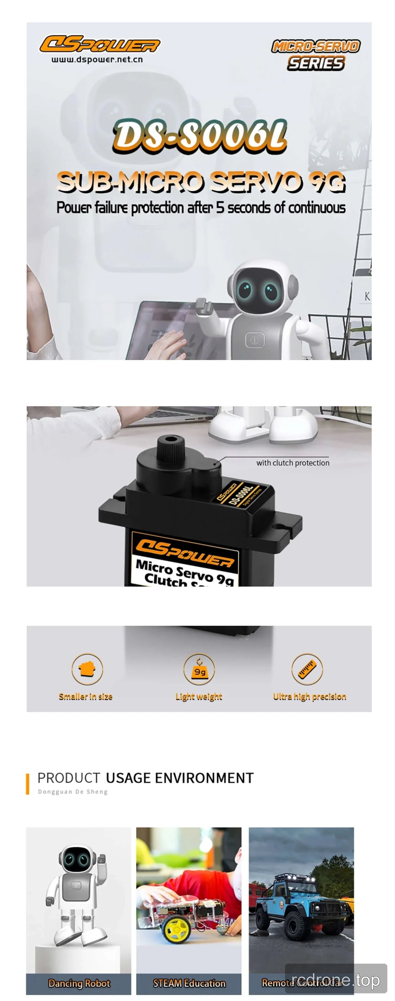 DSpower DS-S006L 9 g sub-micro servo with clutch protection feature callouts — section 1 of 4