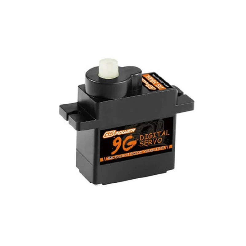Black DSpower digital servo with white output shaft, side mounting tabs, and 9G label.