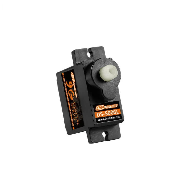 Top view of black DSpower DS-S006L servo motor showing the white output shaft and mounting tabs.