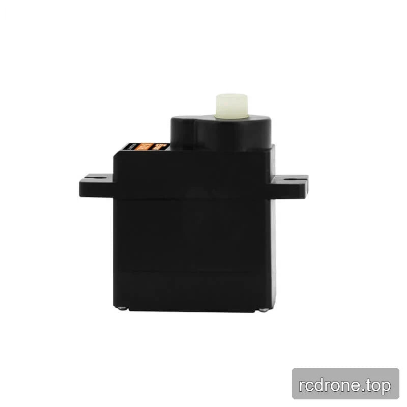 Rear view of the black DS-S006L servo motor with white output shaft and horizontal mounting tabs.