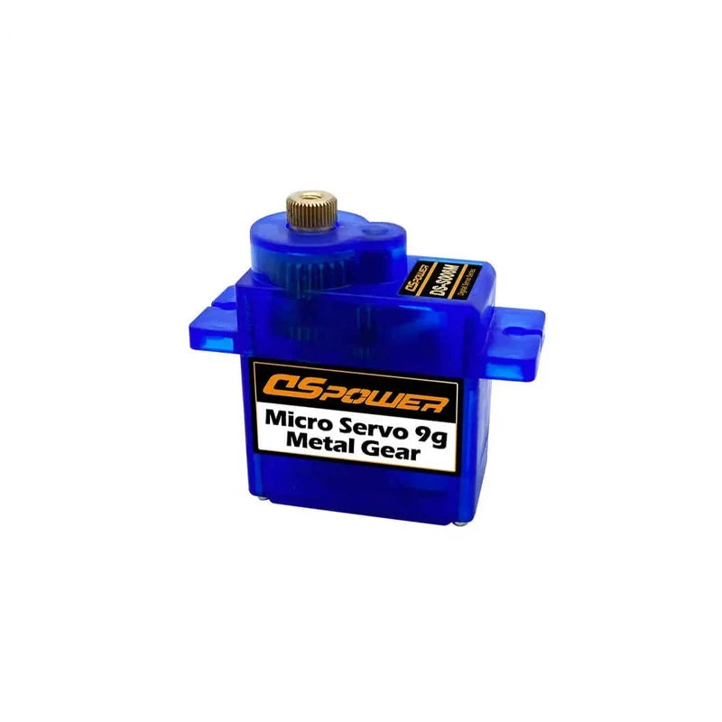Translucent blue DSpower DS-S006M micro servo with a brass output spline and label reading Micro Servo 9g Metal Gear.