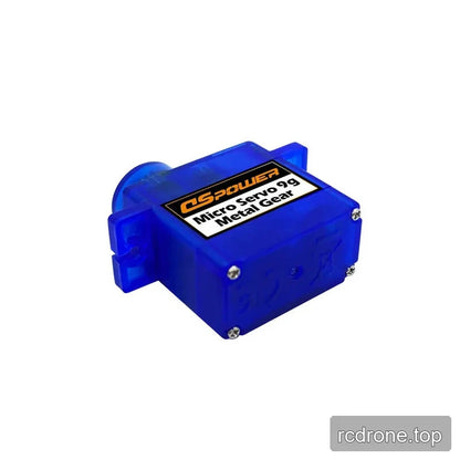 Translucent blue DSpower micro servo viewed from the rear and side, with four case screws and top label visible.