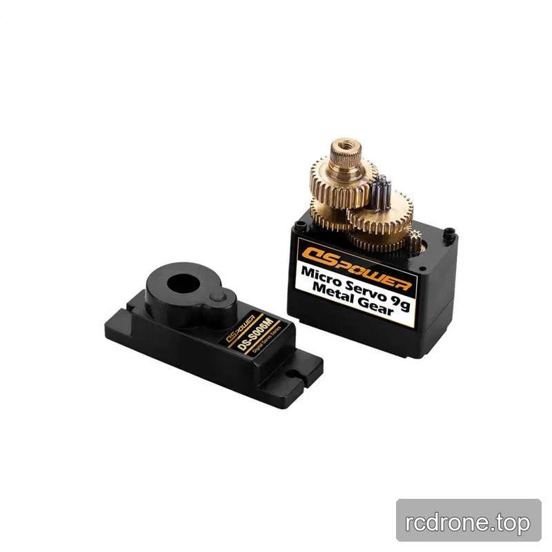 Opened DSpower DS-S006M micro servo housing displaying the stacked brass-colored internal gear train.