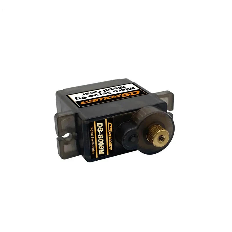 Smoke-gray DSpower DS-S006M micro servo shown horizontally with its brass output spline facing forward.