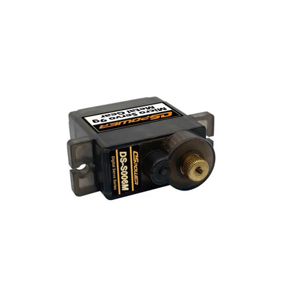 Smoke-gray DSpower DS-S006M micro servo shown horizontally with its brass output spline facing forward.