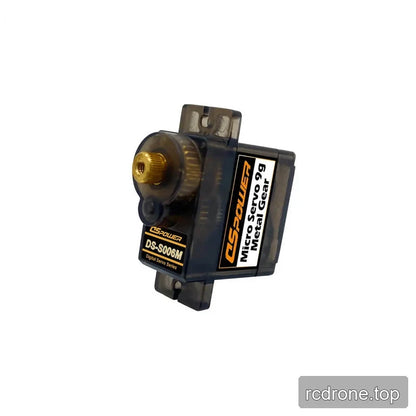 Smoke-gray DSpower DS-S006M micro servo in a vertical three-quarter view with front brass output spline.
