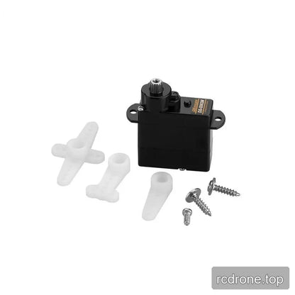 Black micro servo shown with three white servo horns and three metal screws arranged beside it.