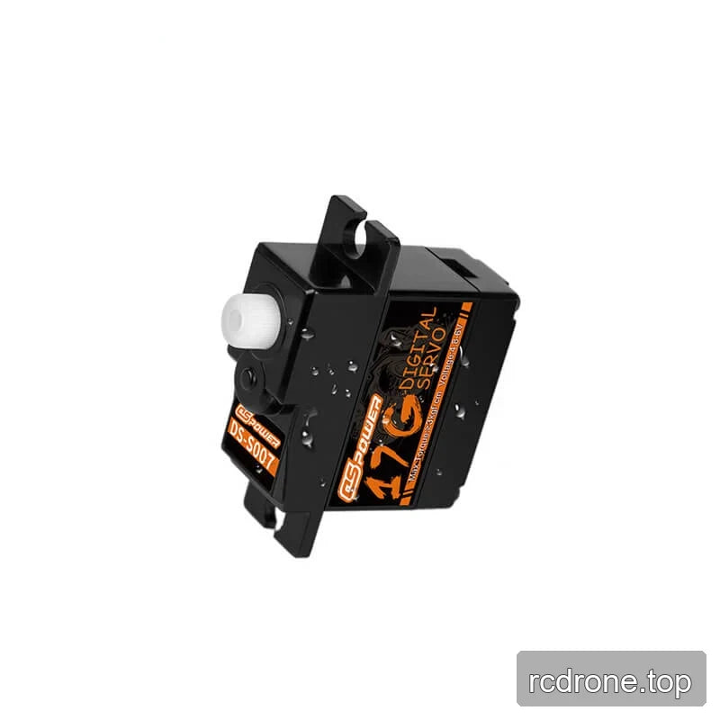 Angled DS-S007M servo view with white output shaft cap, black mounting tabs, and orange 17G digital-servo labels.