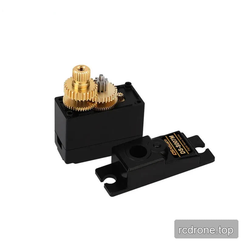 Opened DS-S007M servo housing showing the internal metal gear train, gold output gear, and removed top cover.