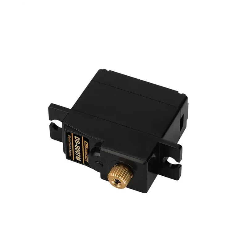 Black DS-S007M servo motor viewed from the output end, showing a gold splined metal output shaft and mounting tabs.