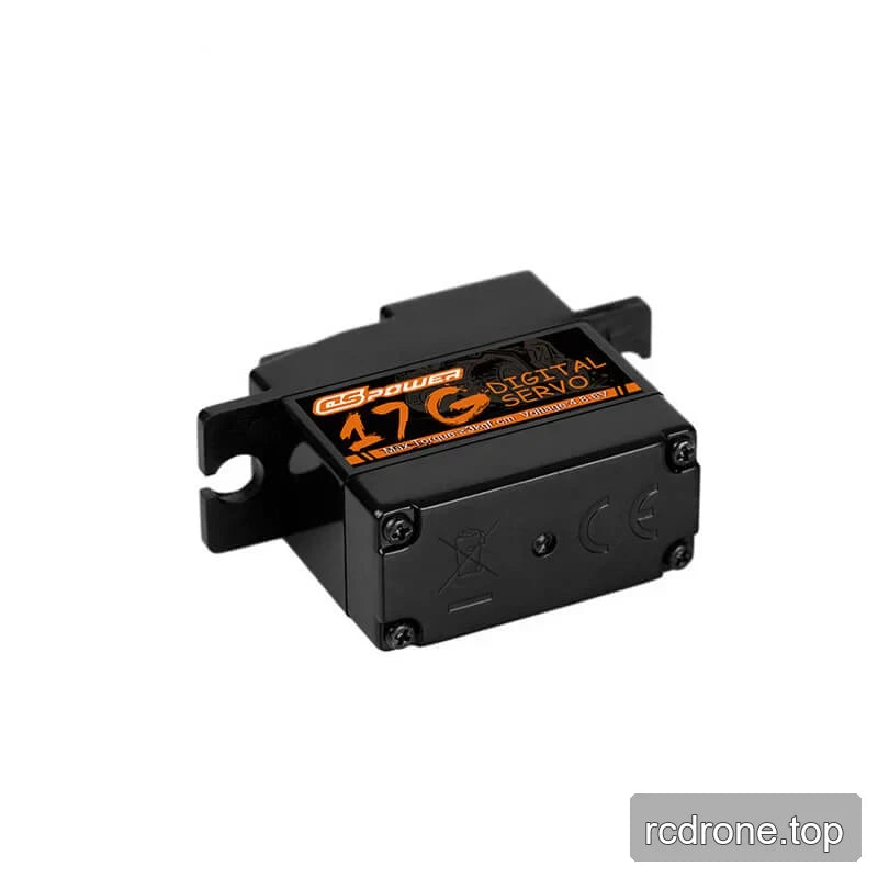 Underside view of the black DS-S007M digital servo with mounting tabs, base screws, and molded disposal and CE marks.