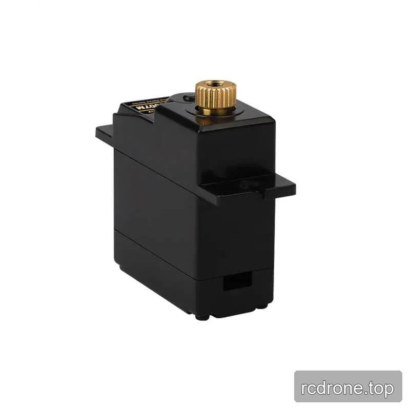 Tall side view of the black DS-S007M servo motor, with gold splined output shaft visible on the top housing.
