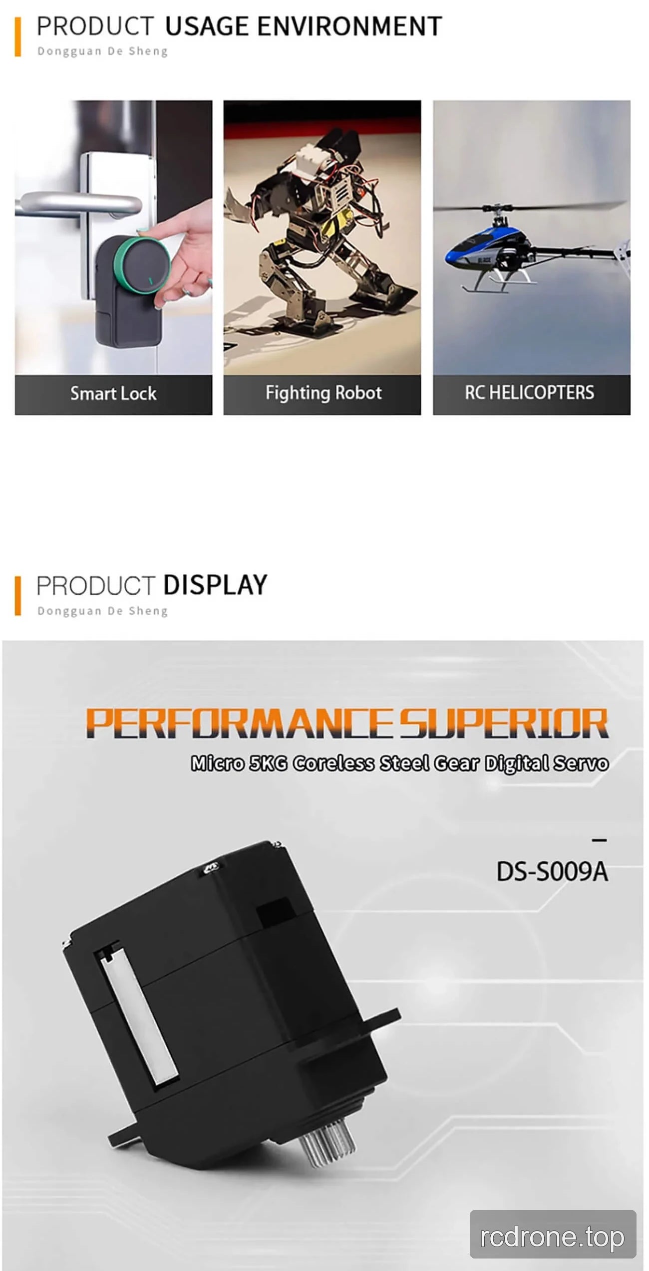 DSpower DS-S009A micro servo feature and application graphic — section 2 of 5