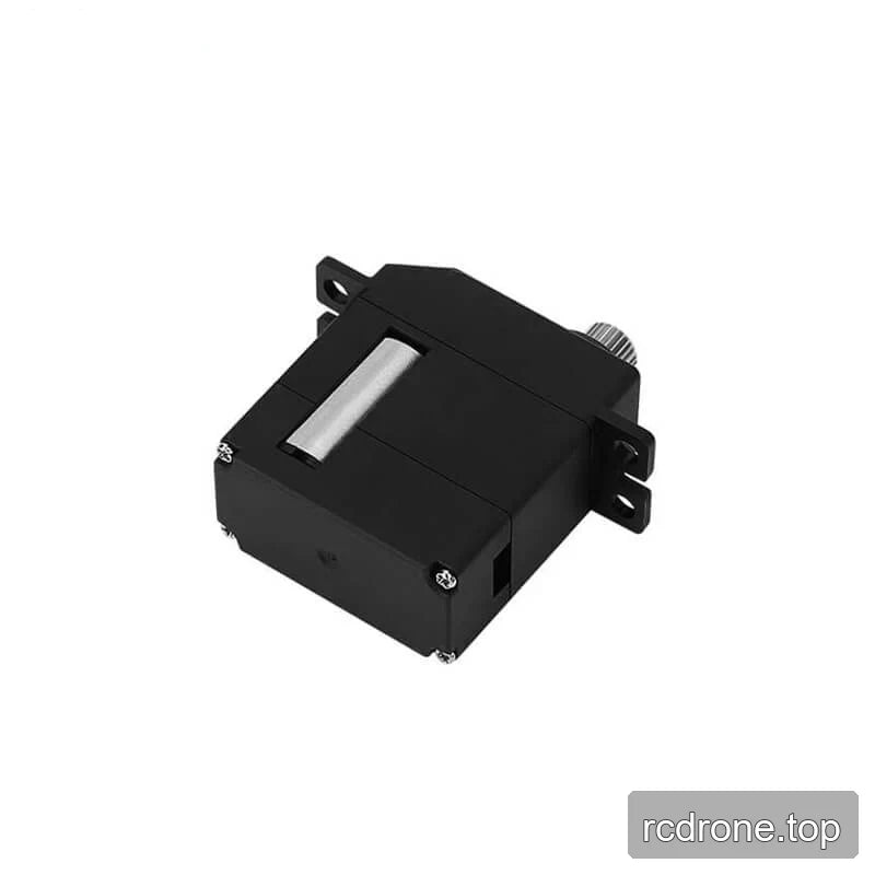 Rear angled view of the black DSpower DS-S009A servo motor showing mounting tabs, screws, silver panel, and partial output shaft.