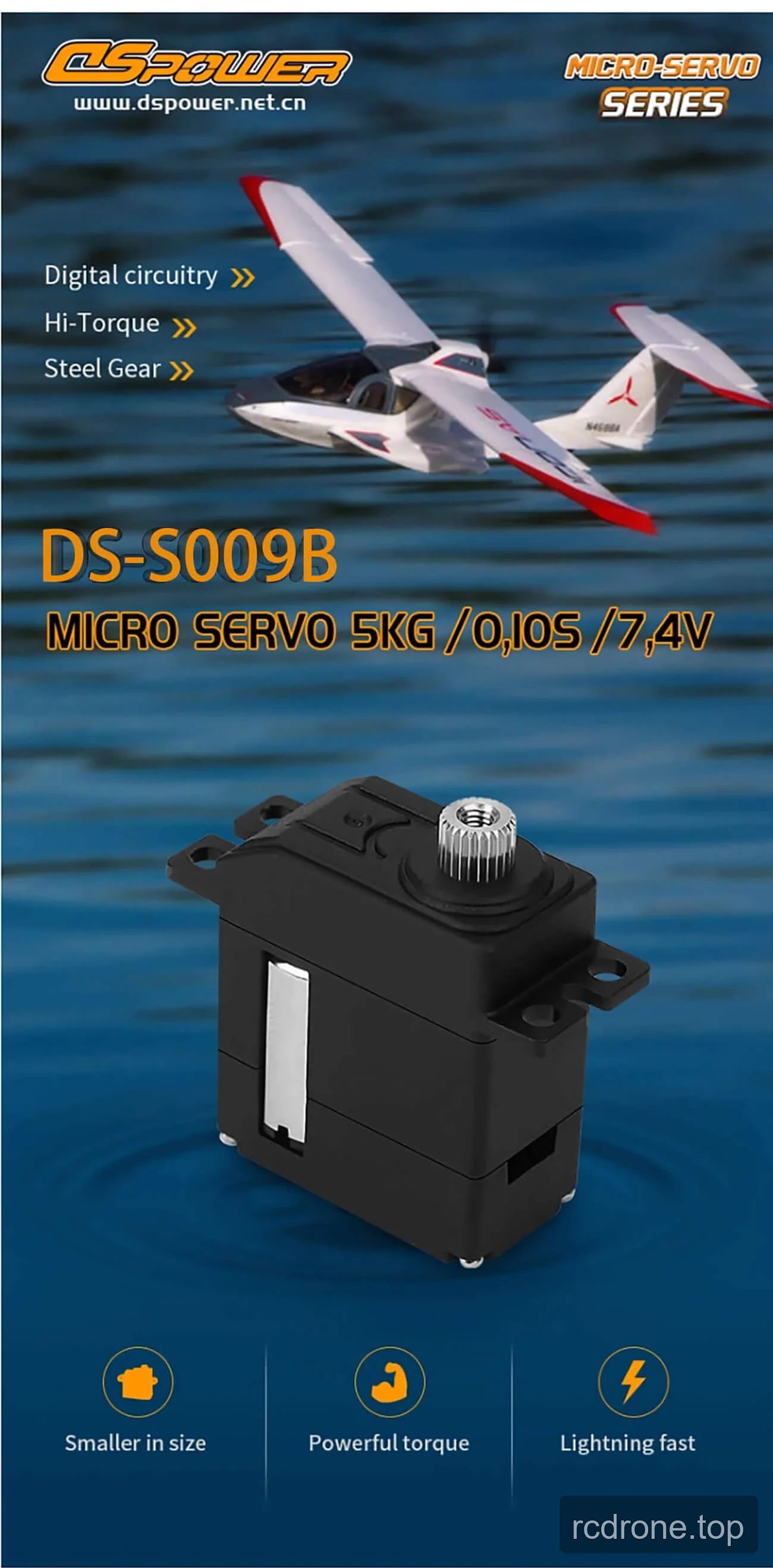 DSpower DS-S009B micro servo with performance labels, application examples, horns, and mounting screws — section 1 of 5