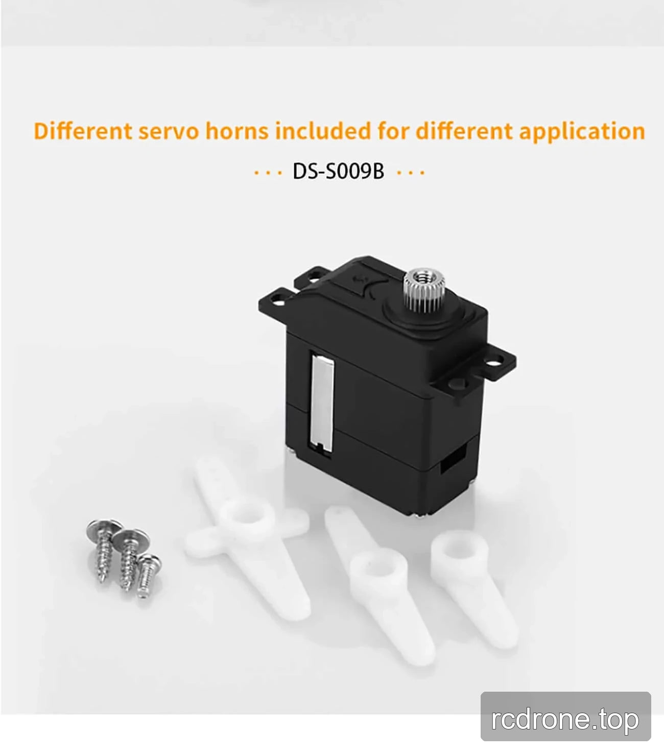 DSpower DS-S009B micro servo with performance labels, application examples, horns, and mounting screws — section 5 of 5