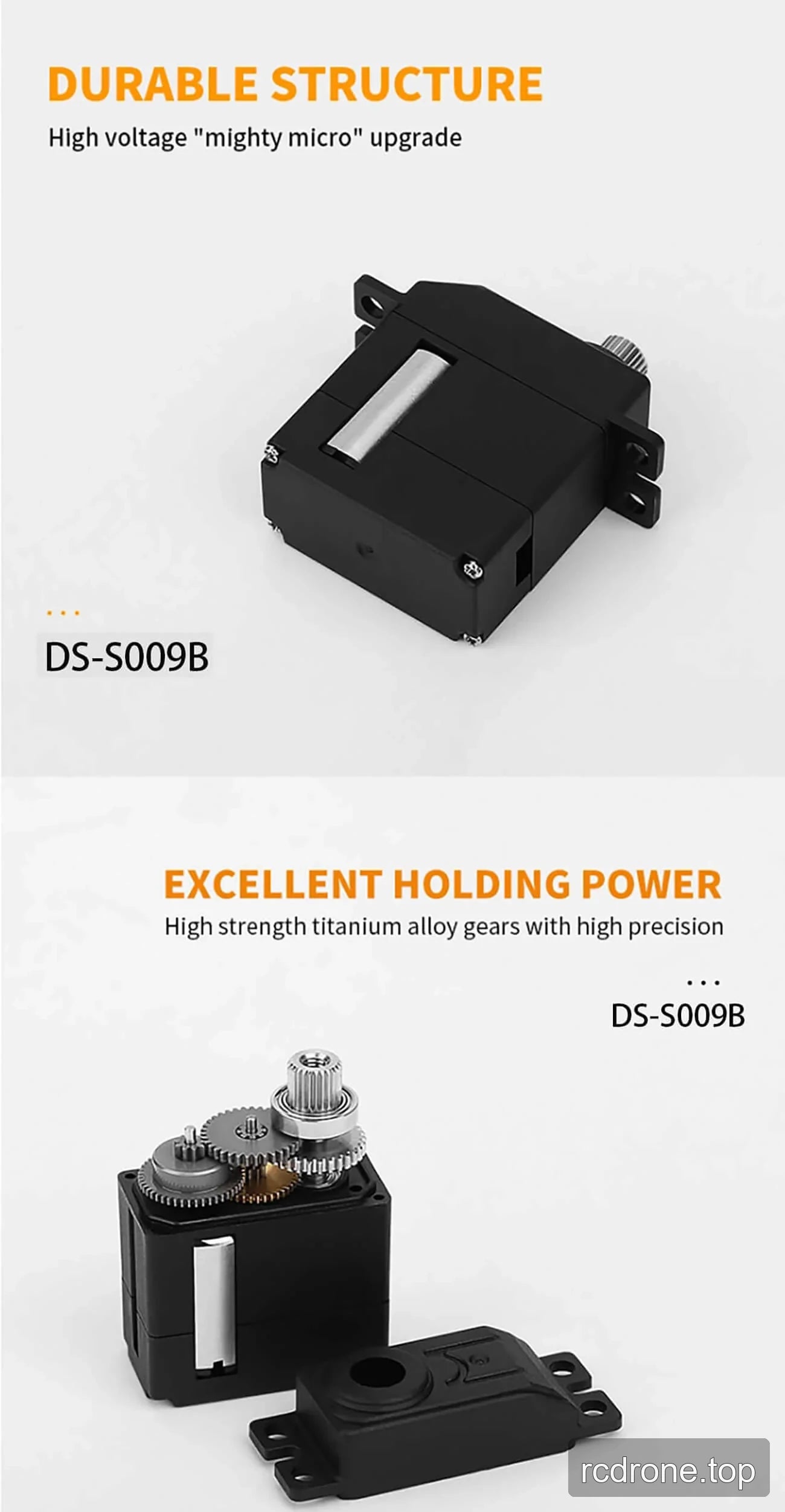 DSpower DS-S009B micro servo with performance labels, application examples, horns, and mounting screws — section 4 of 5
