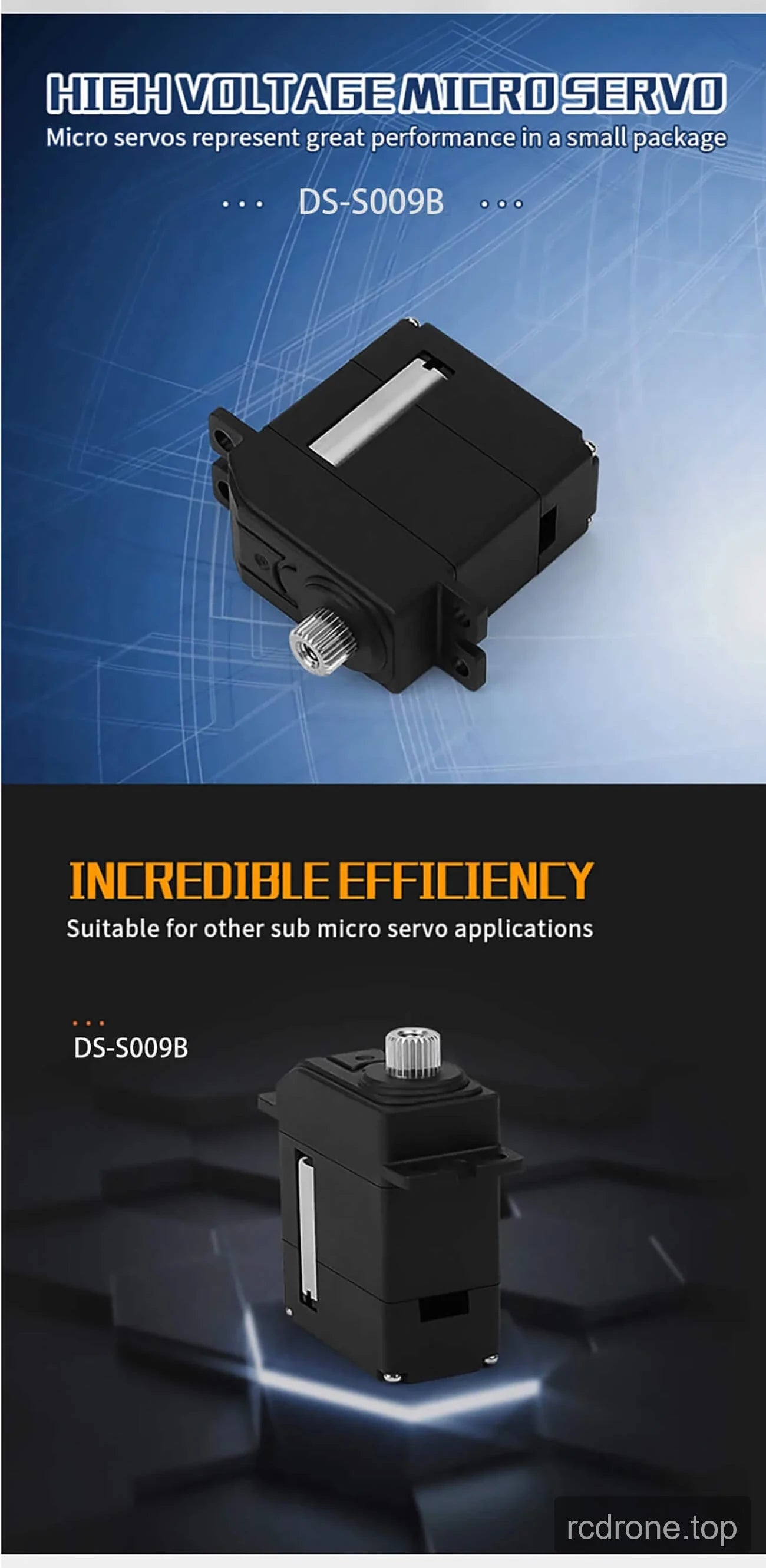 DSpower DS-S009B micro servo with performance labels, application examples, horns, and mounting screws — section 3 of 5