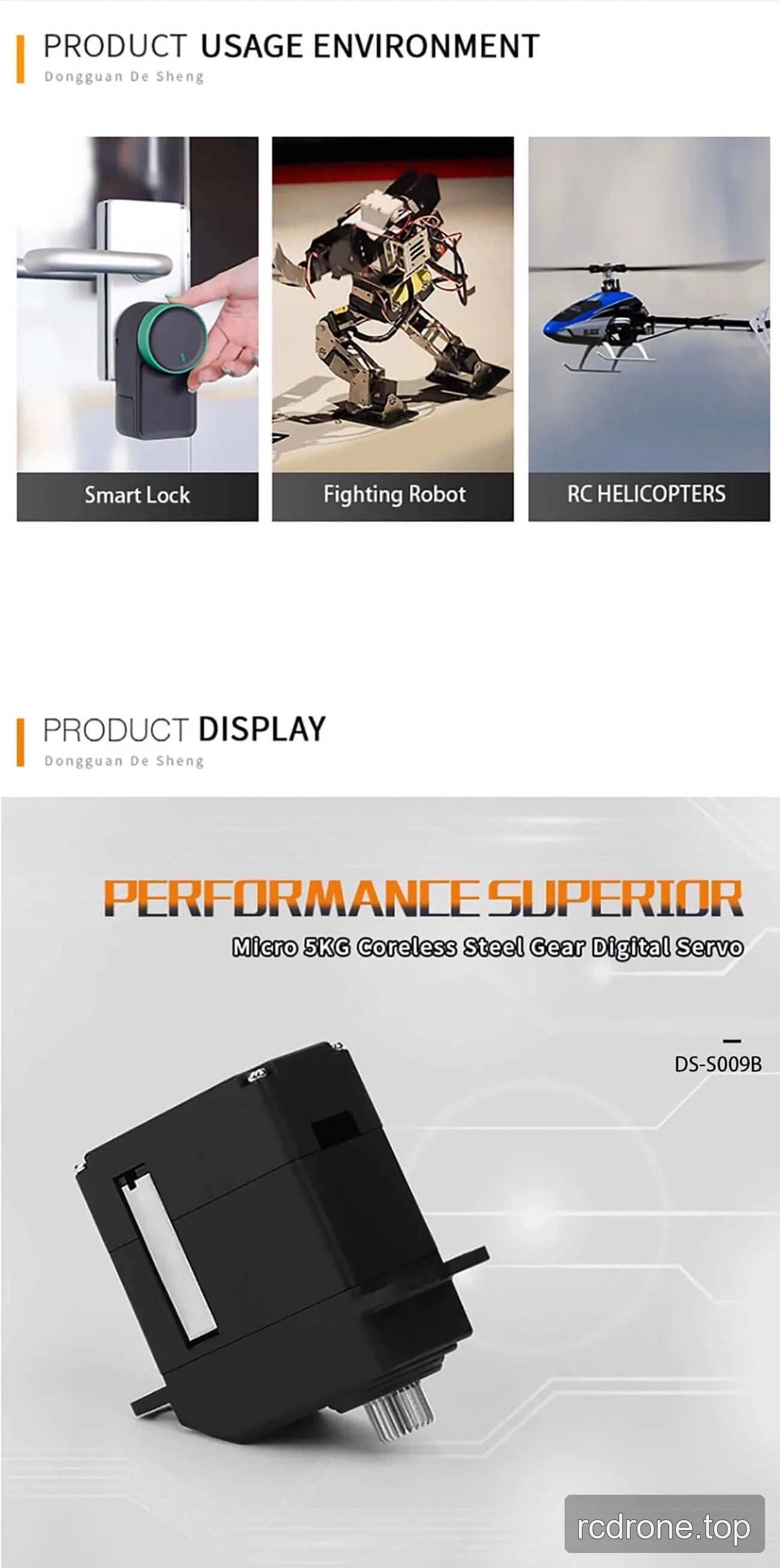 DSpower DS-S009B micro servo with performance labels, application examples, horns, and mounting screws — section 2 of 5