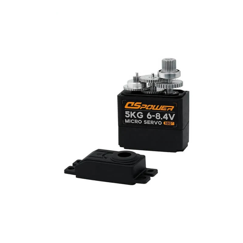 DSpower micro servo shown with its top case removed, exposing the internal gear train and output shaft.