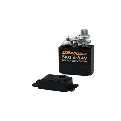 DSpower micro servo shown with its top case removed, exposing the internal gear train and output shaft.