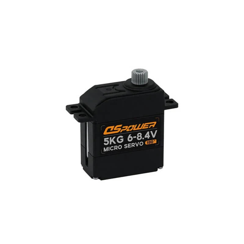Black DSpower micro servo with mounting tabs and a splined metal output shaft; label reads 5KG, 6–8.4V and 180°.