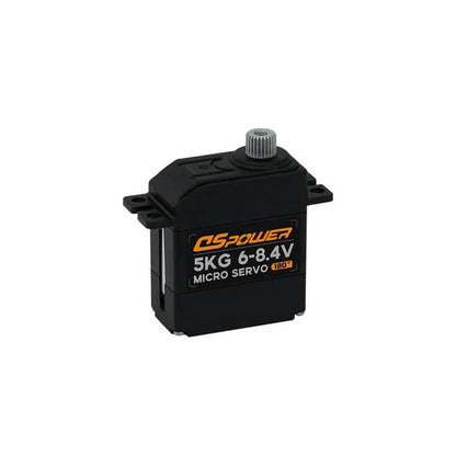 Black DSpower micro servo with mounting tabs and a splined metal output shaft; label reads 5KG, 6–8.4V and 180°.
