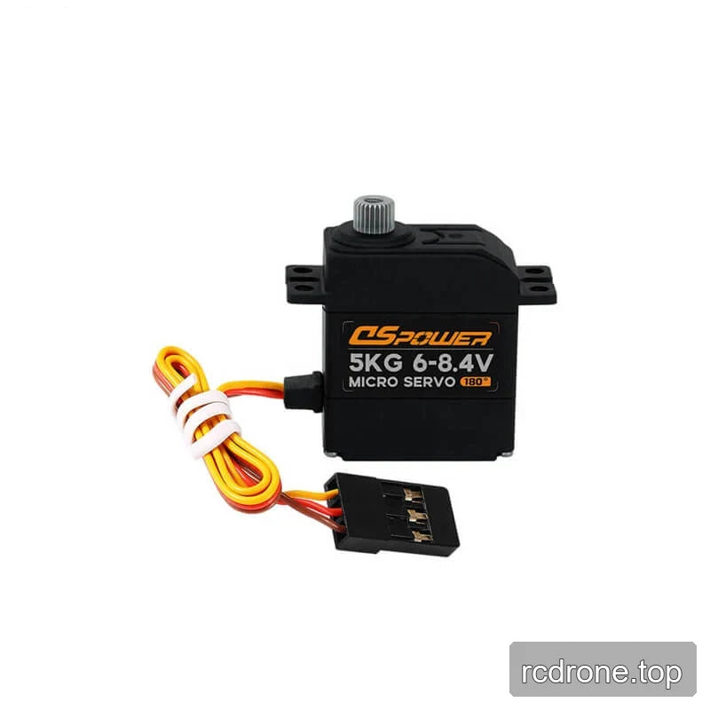 Black DSpower micro servo with a coiled three-wire lead and black three-pin connector beside the labeled housing.