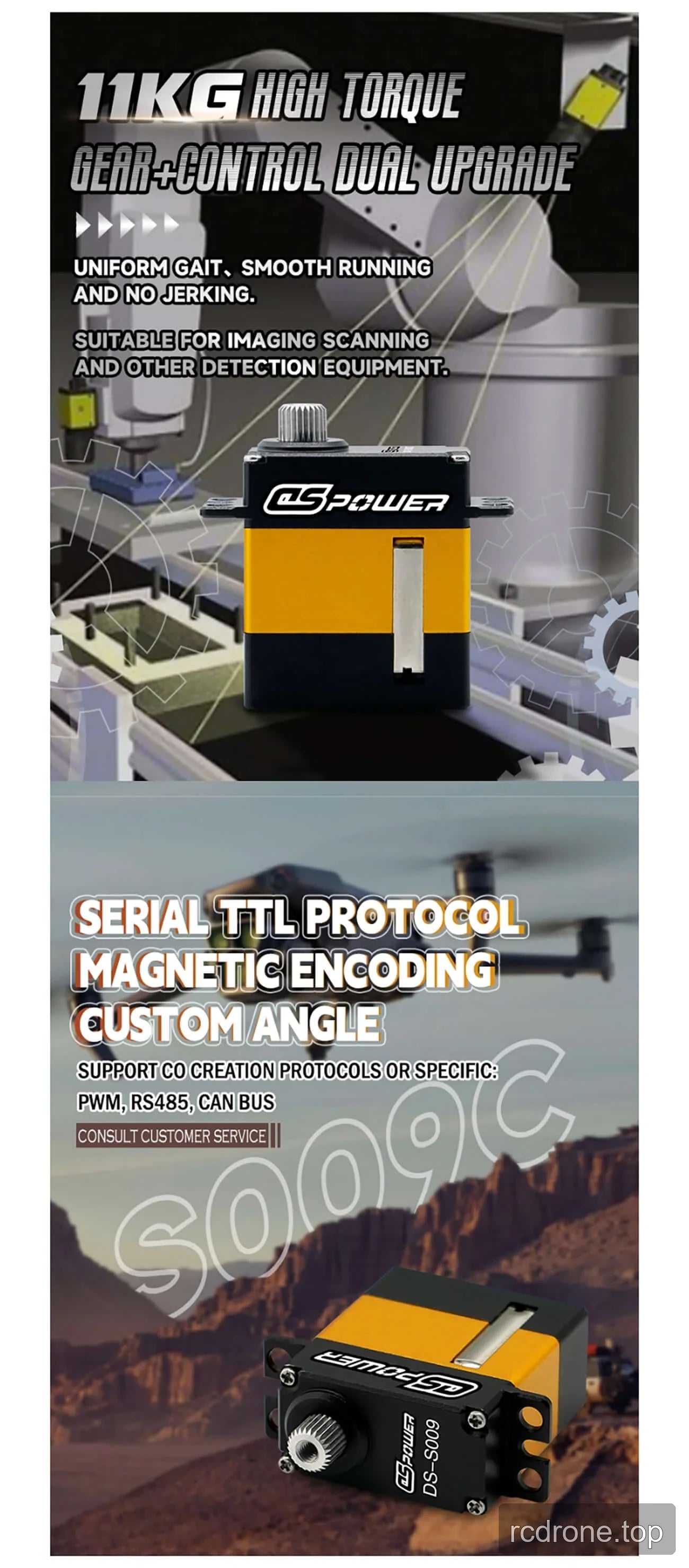 Promotional graphic of a DSpower servo motor with illustrated dimensions and accessories — section 3 of 5