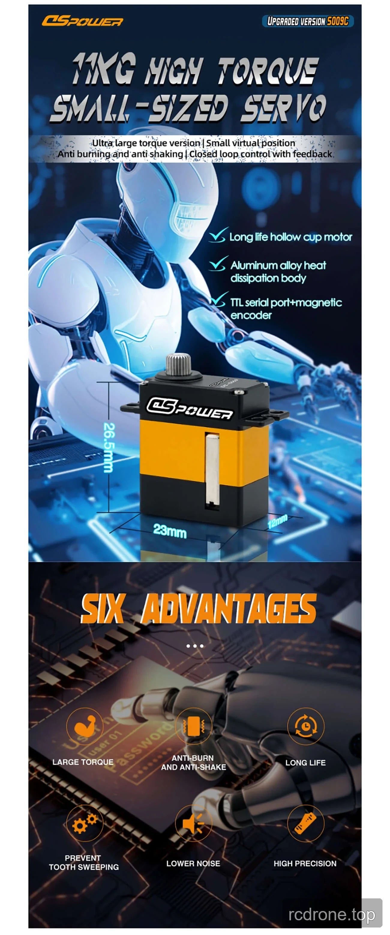 Promotional graphic of a DSpower servo motor with illustrated dimensions and accessories — section 1 of 5