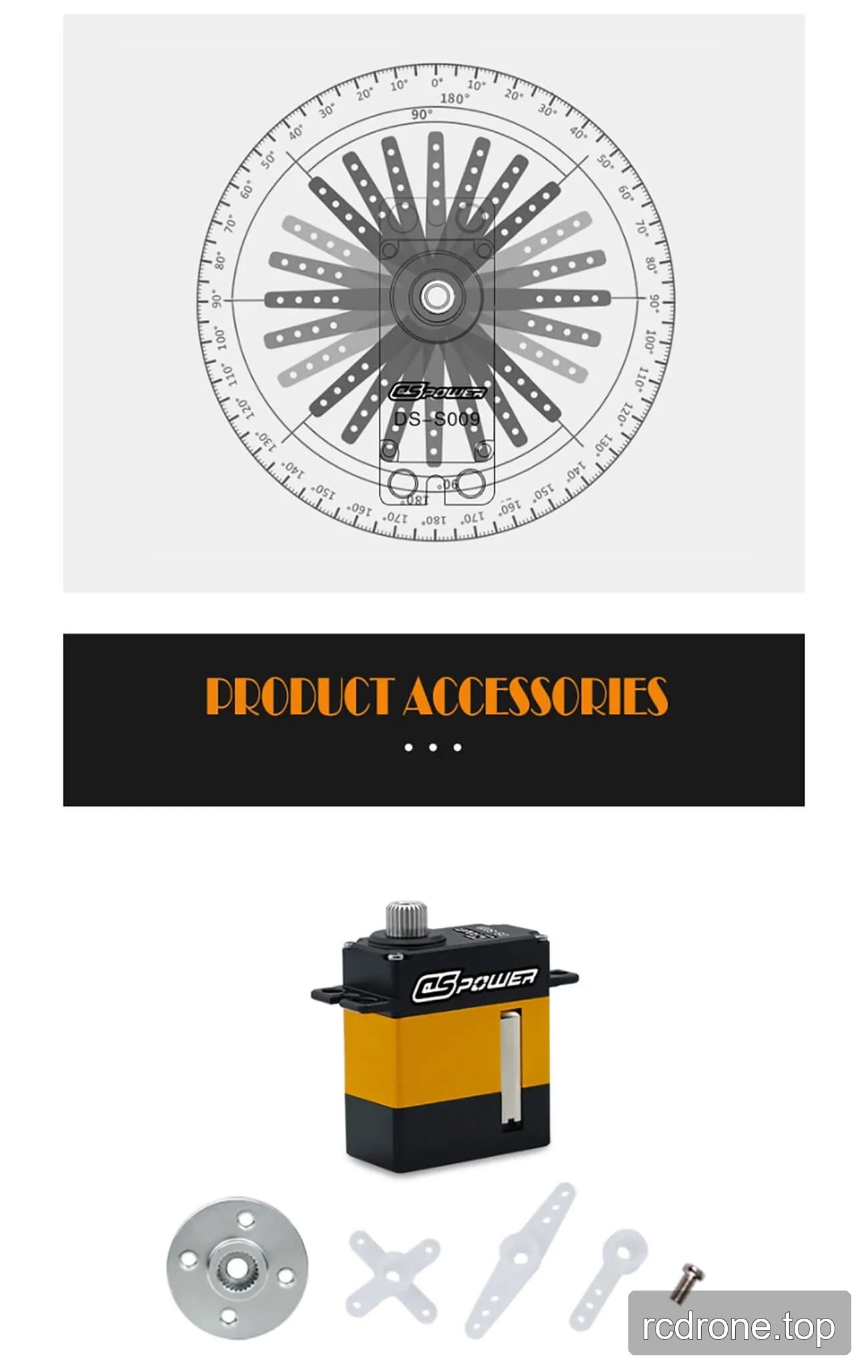 Promotional graphic of a DSpower servo motor with illustrated dimensions and accessories — section 5 of 5