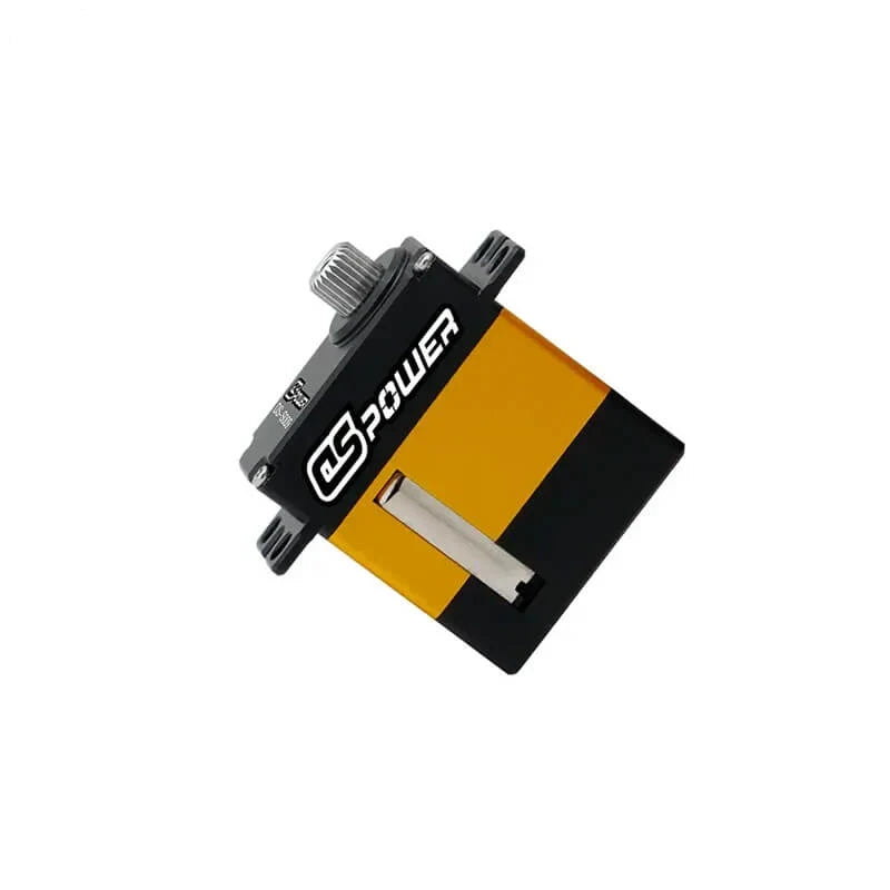 DSpower DS-S009C servo motor shown at an angled overhead view, highlighting the orange housing panel and top shaft.
