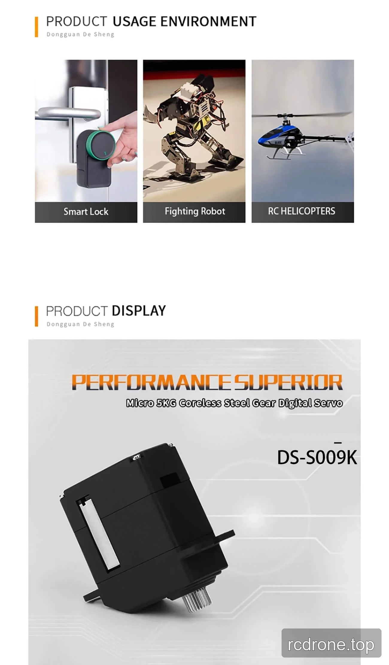 DSpower DS-S009K digital micro servo feature graphic with application panels — section 2 of 5