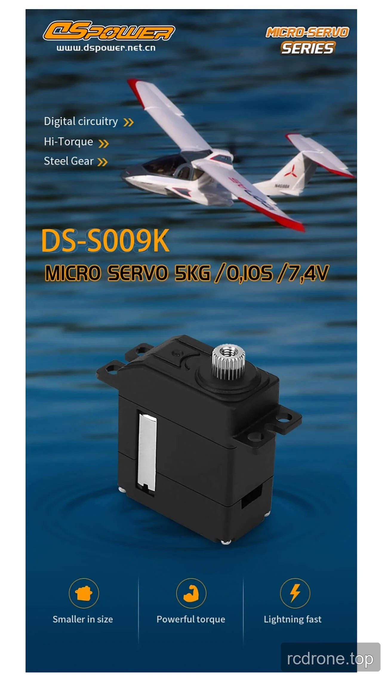 DSpower DS-S009K digital micro servo feature graphic with application panels — section 1 of 5