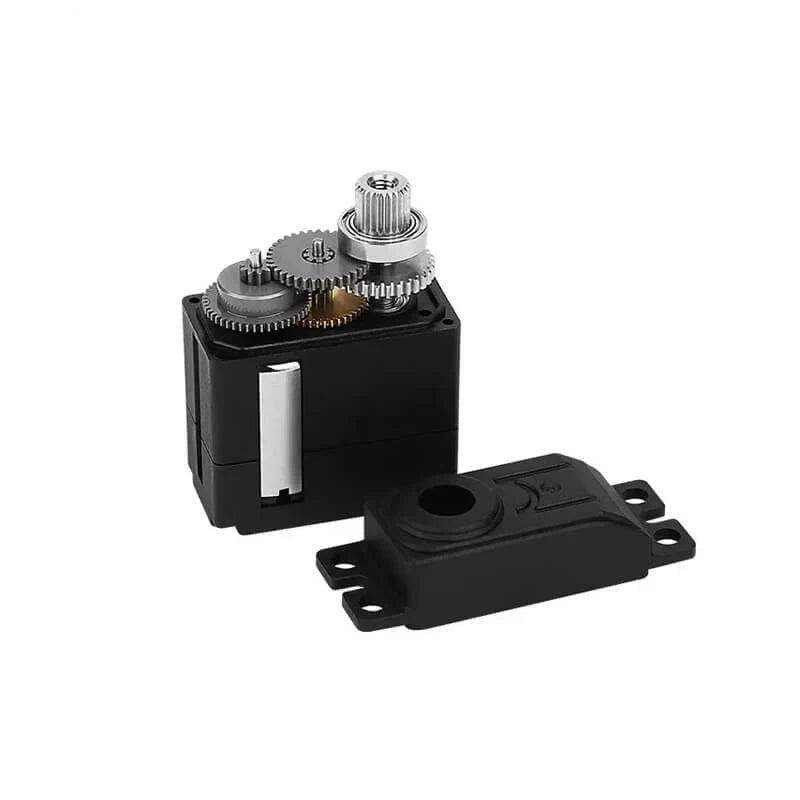 DS-S009K servo motor with its cover removed, exposing the internal metal gear train and output shaft.