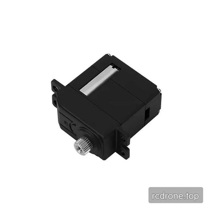Black DS-S009K servo motor shown at an angled front view with a splined metal output shaft and mounting tabs.