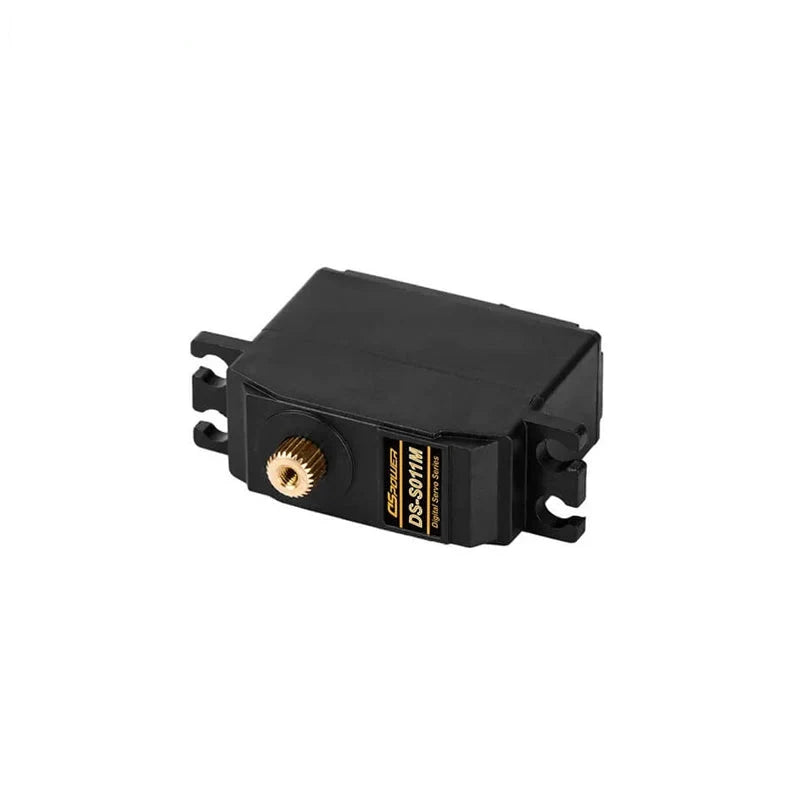 Black DSpower DS-S011M servo motor shown from the output-shaft side with a brass splined shaft and mounting tabs.