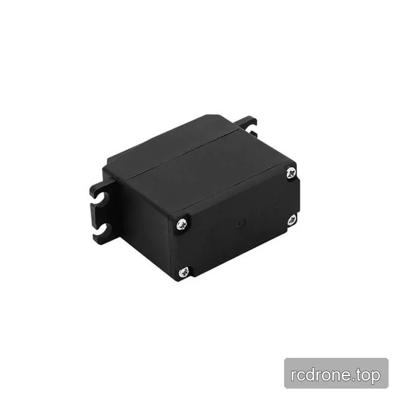 Underside view of the black servo motor housing, showing four corner screws and side mounting tabs.