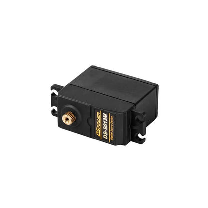 Black DSpower DS-S013M digital servo motor shown horizontally with front-facing brass splined output shaft.