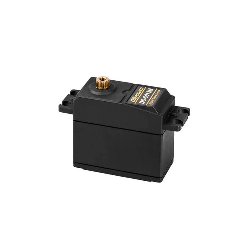 Black DSpower DS-S013M digital servo motor shown upright with brass output shaft and side mounting tabs.